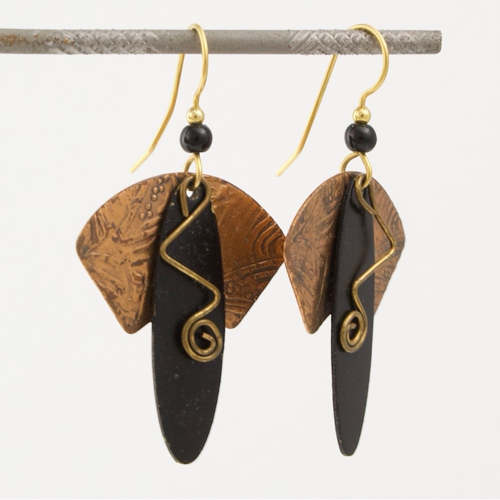 Vintage Mixed Metal Dangle Earrings Copper, Brass, Black Enamel Artsy Bohemian